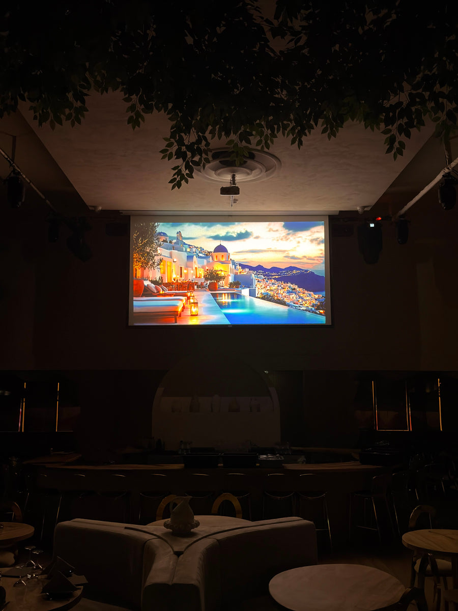 The room set for a corporate event